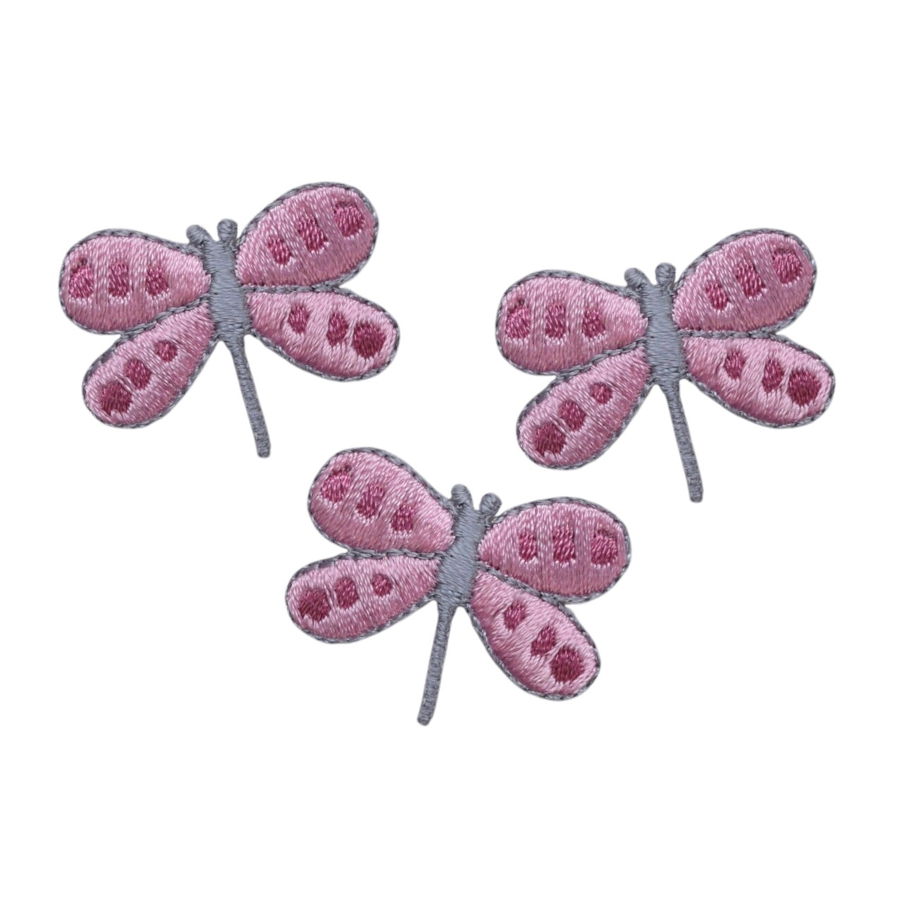 Set of 3, Pink Dragonfly, Gray Spots, Embroidered, Iron on Patch